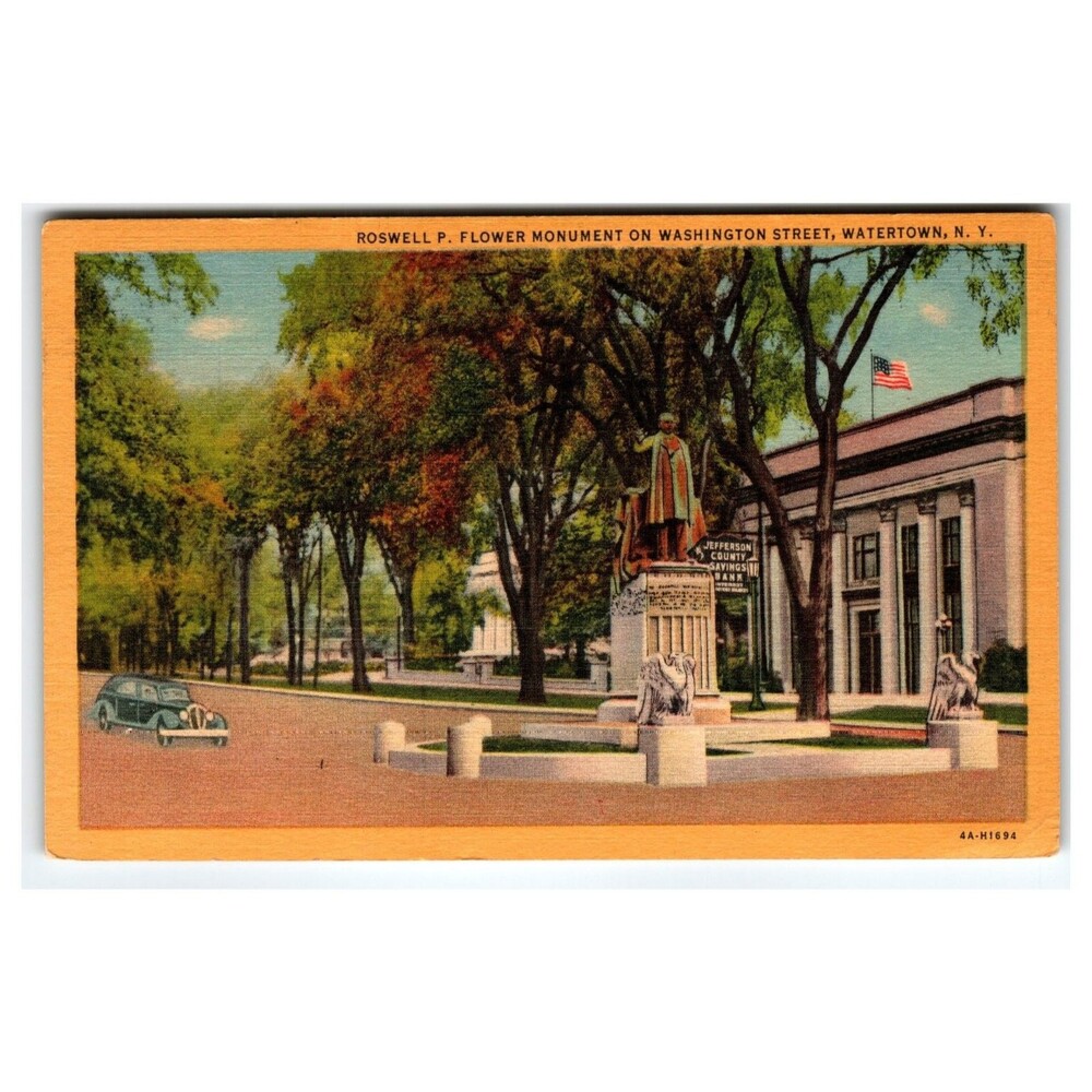 Watertown NY Roswell P. Flower Monument Linen Postcard 1953